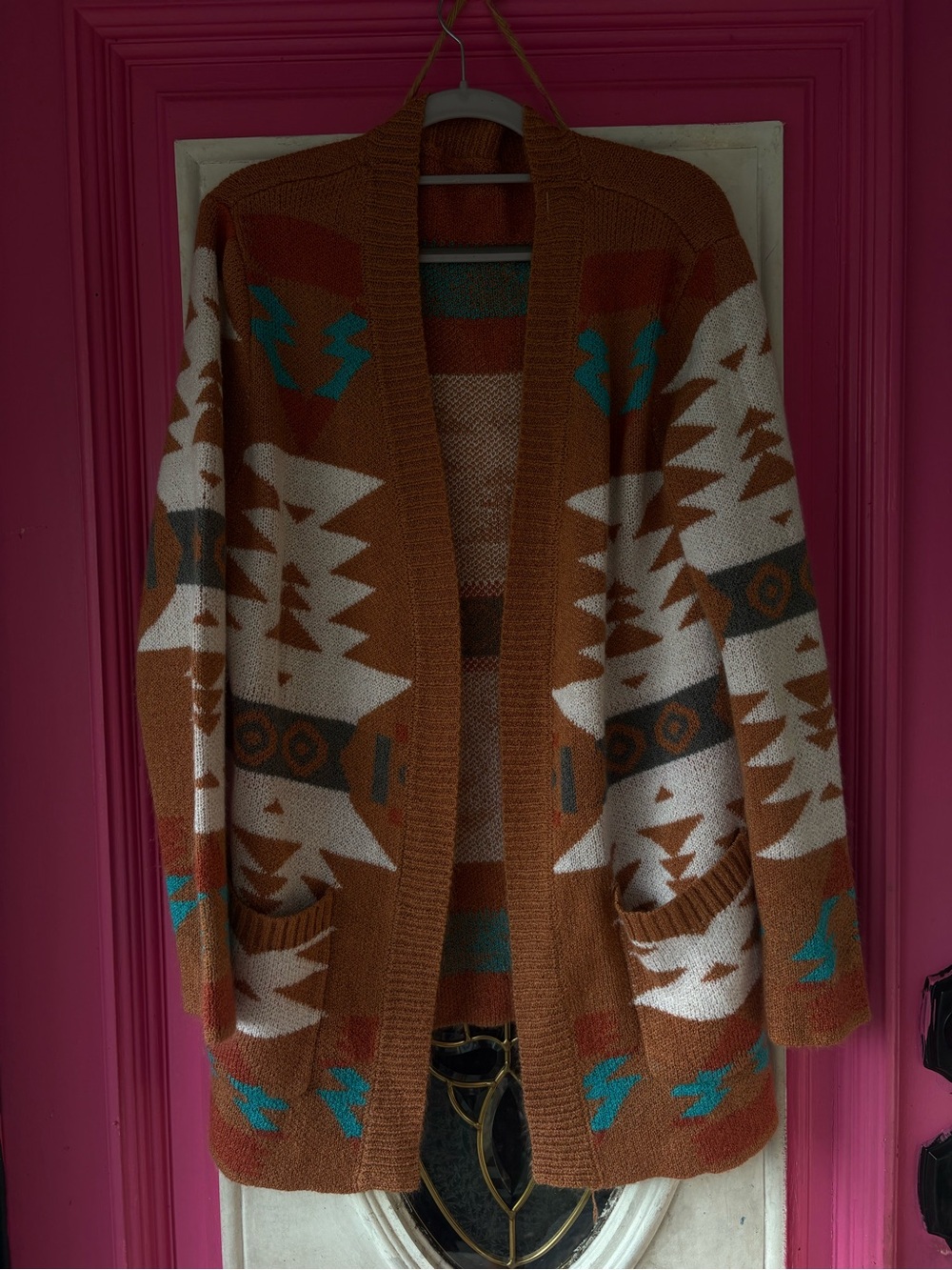 Cozy Southwestern Aztec Knit Cardigan in Rust & Cream - Picture 4 of 11